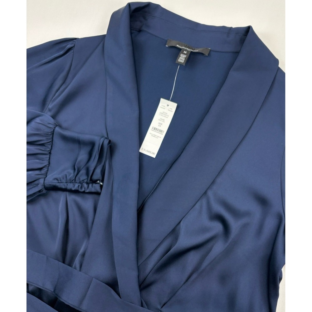 NWT White House Black Market Blue Satin Wrap Blouse Tie Waist Puff Sleeve  Sz 14